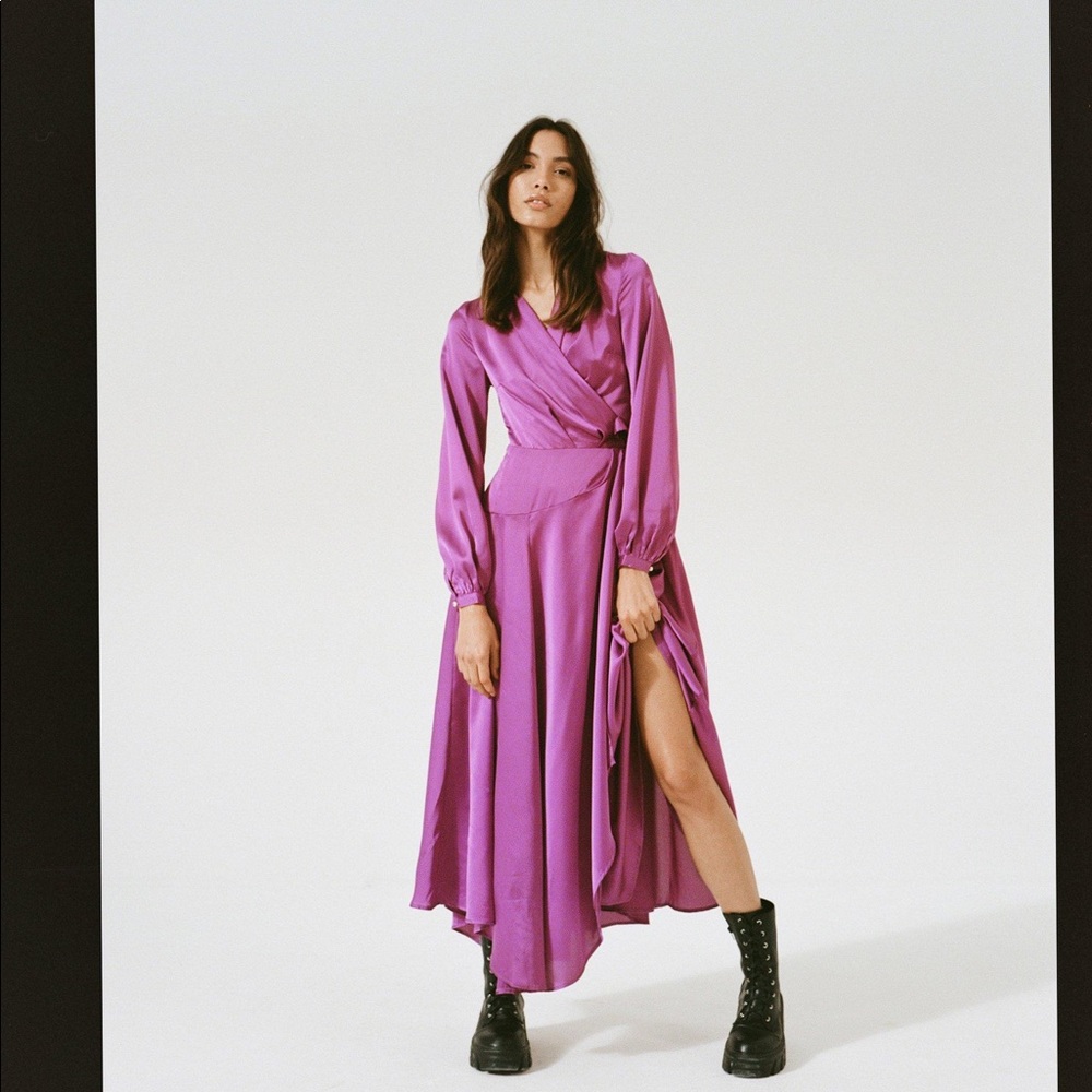 Nasty Gal Satin wrap long sleeve maxi dress